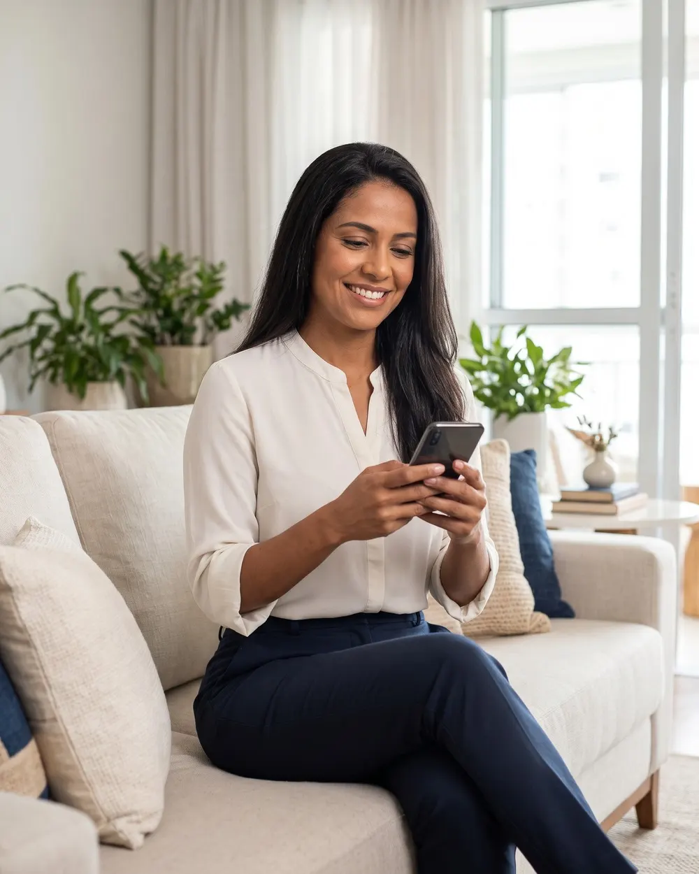Mulher sorridente usando o celular no sofá de casa