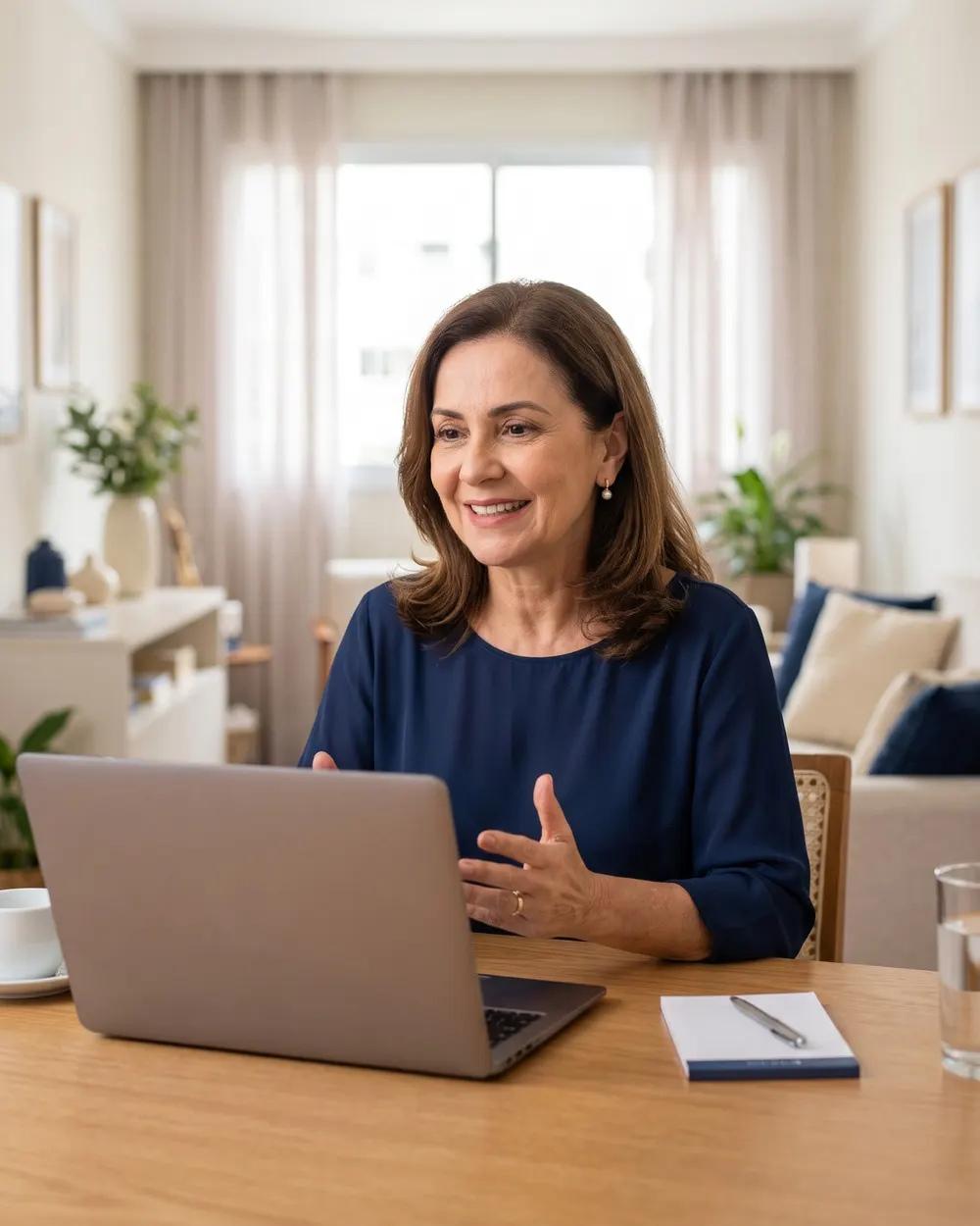 Mulher sorrindo durante uma consulta por vídeo no notebook, em casa